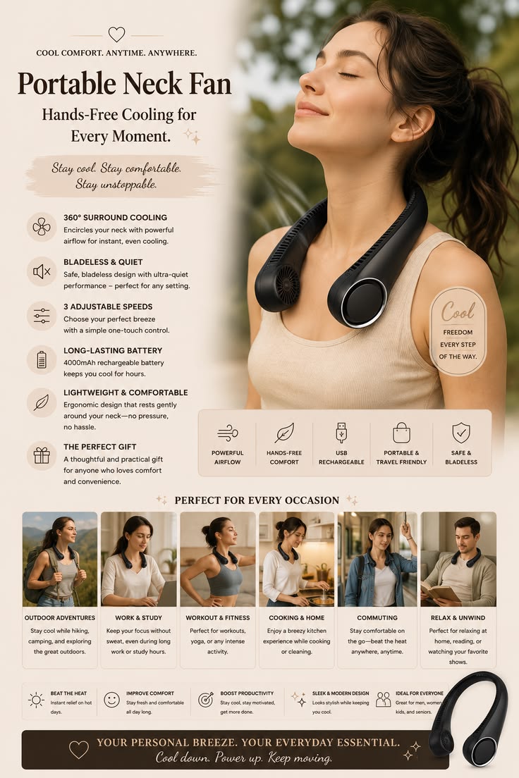 Hands-free Neck Fan for Men Women Portable Cooling