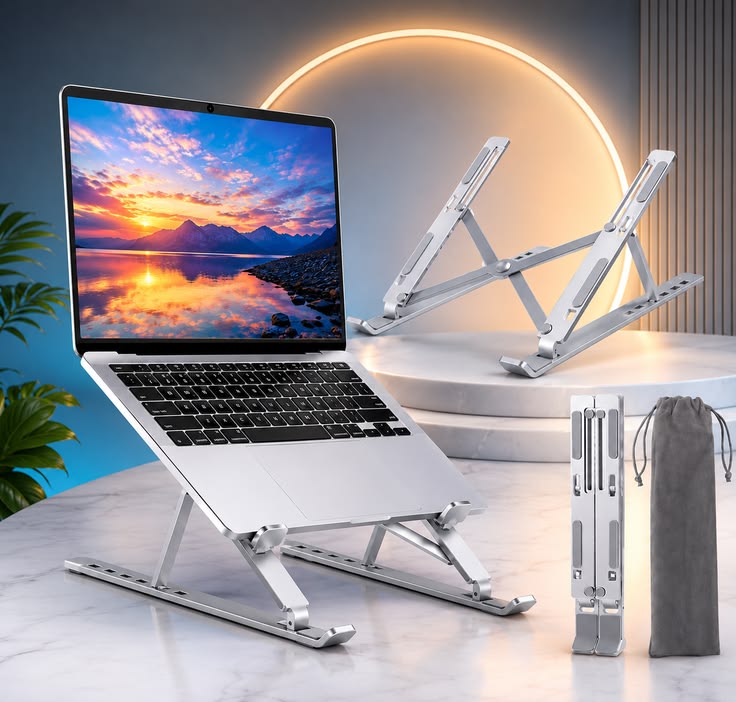 Silver Aluminum Laptop Stand Adjustable Height Portable