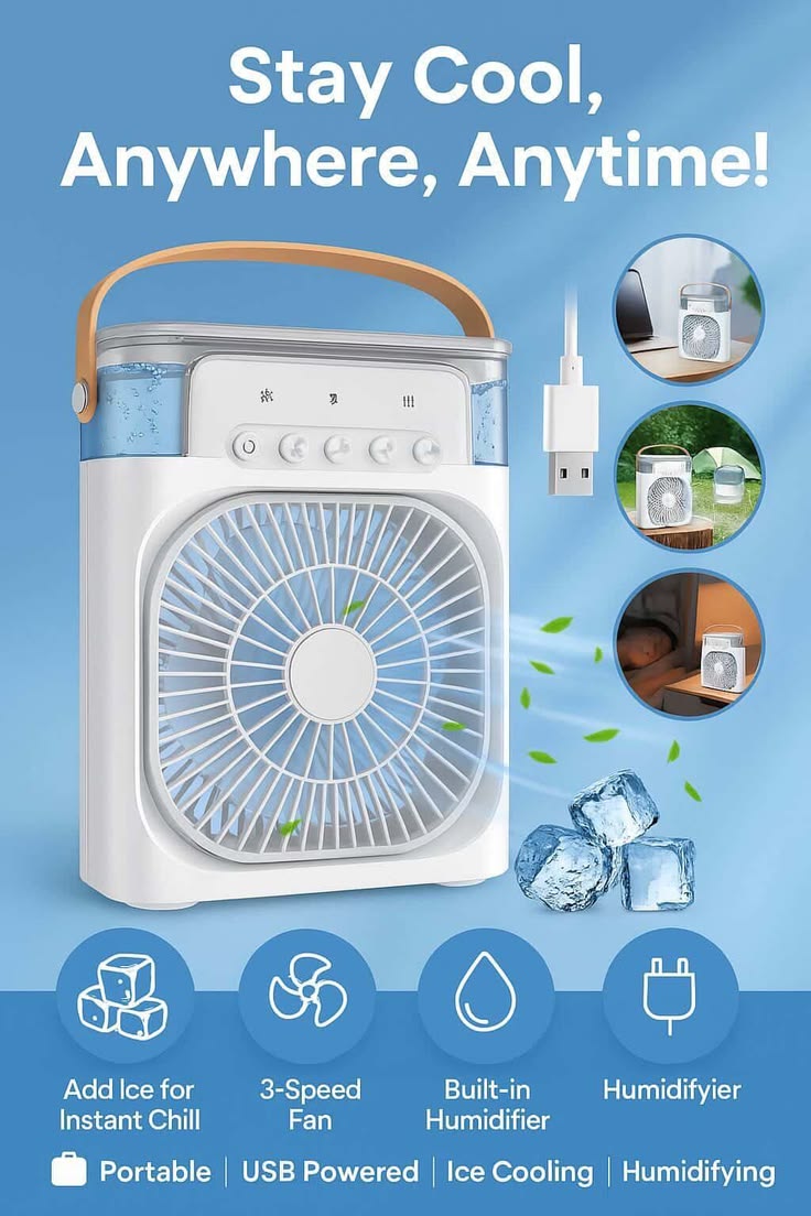Portable Air Cooler Fan – 3-in-1 Mini AC Desktop Humidifier 7-Color LED